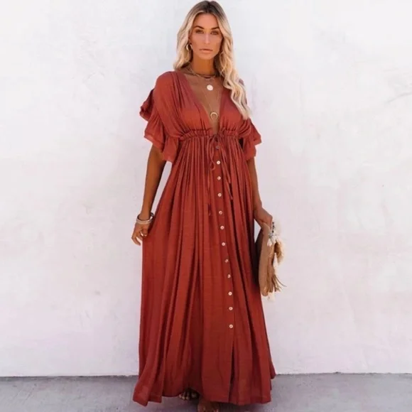 SOLD OUT Red Gauze Boho Button Maxi Coverup Dress - Picture 3 of 10